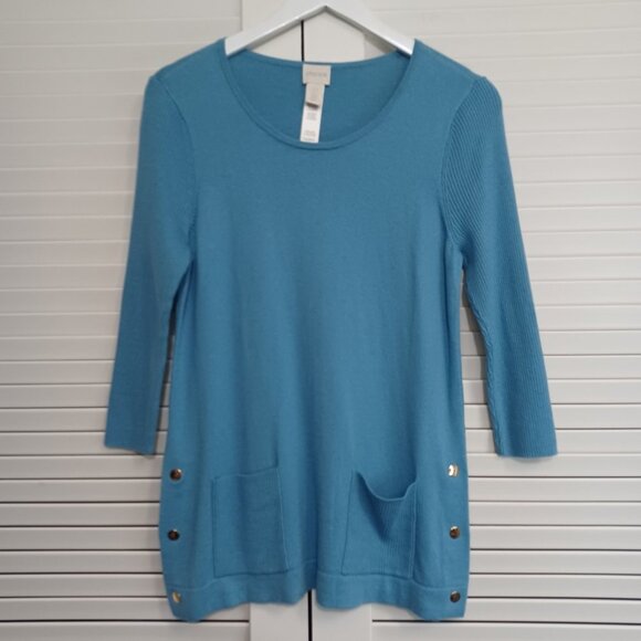 Chicos Sweater Vast Skies Pocket Detail Blue Pullover Womens Small NEW - Picture 1 of 8